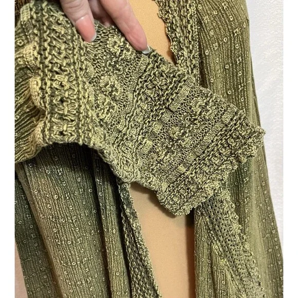 Boho Asymmetrical Handkerchief Hem Embroidered Open Cardigan Knit Green Cottage - Picture 4 of 7
